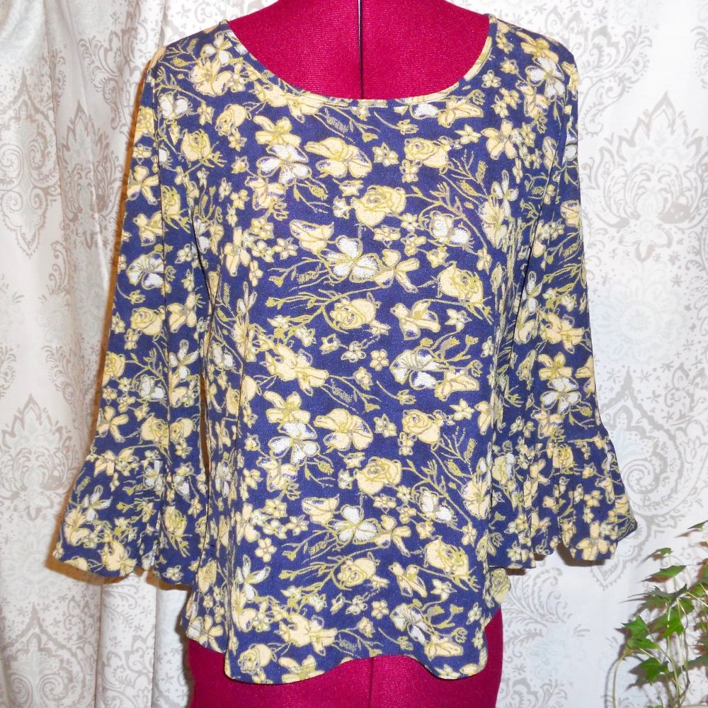 J. Jill Petites MP Blue Yellow Floral 3/4 Sleeve Top